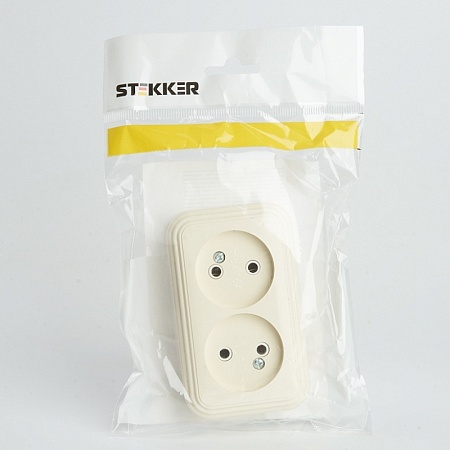 Розетка 2-местная с/з STEKKER, PST16-31-20 (RA 16-238-БЖ), пластик АВС, 250В, 16А, IP20, слоновая кость - фото