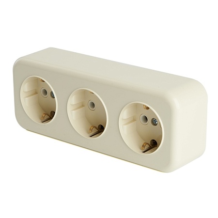 Розетка 3-местная с/з STEKKER, PST16-51-20 (RA 16-343-БЖ), пластик АВС, 250В, 16А, IP20, слоновая кость - фото