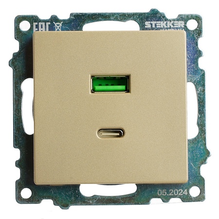 Розетка 2-местная USB + type C (механизм), 250В, 3А, max 20W, STEKKER, GLS10-7116-08, серия Катрин, золото - фото