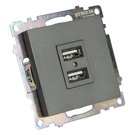 Розетка 2-местная USB (механизм), 250В, 2,1А, серия Катрин, графит, GLS10-7115-06 - фото