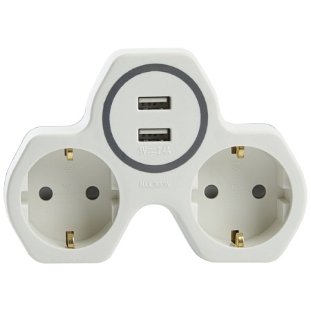 Разветвитель сетевой 2-местный с/з STEKKER ADP16-14-20, 250V, 16A и 2-мя USB выходами на 2,4А, огнеустойчивый пластик, белый/серый - фото