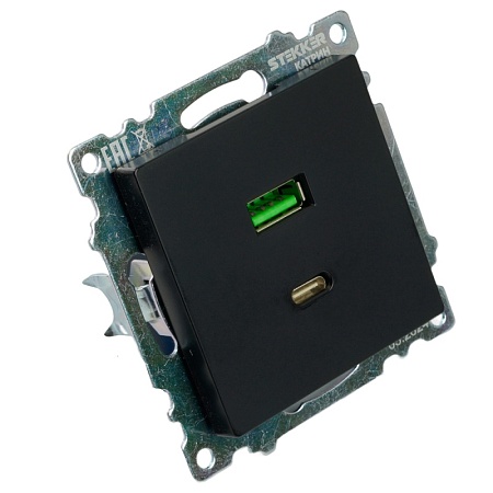Розетка 2-местная USB + type C (механизм), STEKKER GLS10-7116-05, 250B, 3А, серия Катрин, черный - фото