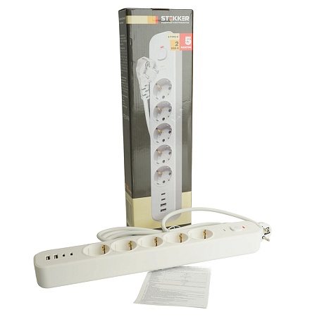 Сетевой фильтр 5-местный с/з STEKKER 3x1мм2, 3 м, 250В, 16А, 2 USB-A+2 Type-C 3, серия Nova, белый - фото