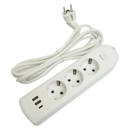 Удлинитель 3-местный c/з 3x1 мм2, 1,8 м, 250В, 10А, 2USB+1Type-C 2,4А, серия Home plus, белый STEKKER HM08-33-02 - фото