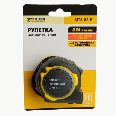 Рулетка, 3 м х 16 мм, магнит, II класс точности, двухстороннее нанесение, STEKKER MTS-83-P - фото