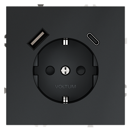Розетка встраиваемая VOLTUM S70 с заземлением и защитными шторками, 16А, с USB, A+С, (графит)