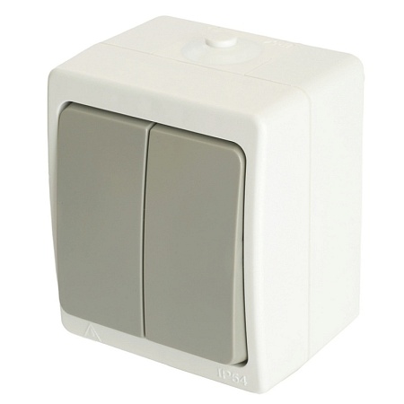 Выключатель 2-клавишный, STEKKER, PSW10-221-54, открытой установки, 250В, 10А, IP54, белый/серый - фото