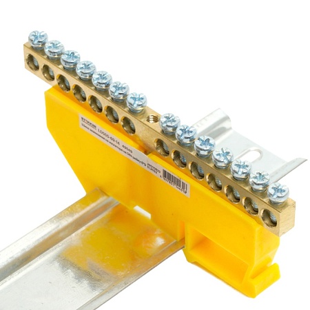 Шина"PE" на изоляторе STEKKER 6*9 на DIN-рейку 14 выводов, желтый, LD555-69-14 - фото