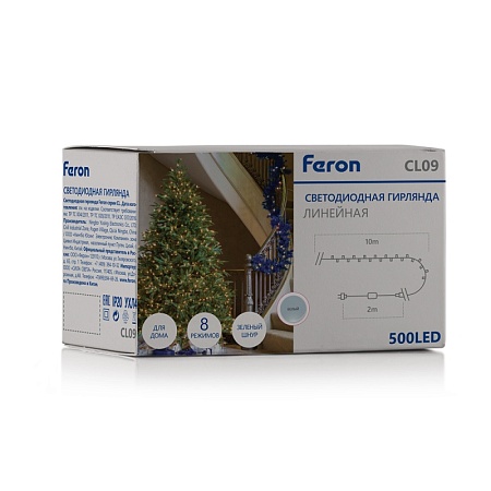 Светодиодная гирлянда Кластер Feron CL09 линейная 10м + 2м 230V 5000К, c питанием от сети, зеленый шнур - фото