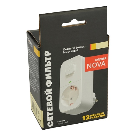 Сетевой фильтр 1-местный с/з STEKKER 250В, 16А, с выключателем, серия Nova, HM81-11-2, белый - фото