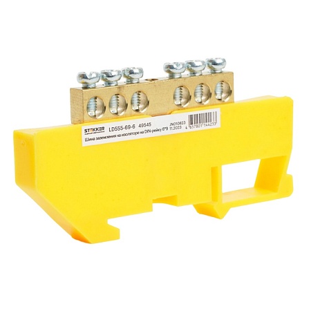 Шина "PE" на изоляторе 6*9 на DIN-рейку 6 выводов, желтый, LD555-69-6 - фото