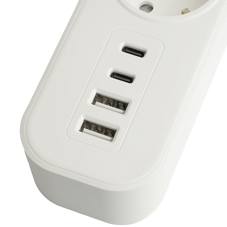 Сетевой фильтр 5-местный с/з STEKKER 3x1мм2, 3 м, 250В, 16А, 2 USB-A+2 Type-C 3, серия Nova, белый - фото