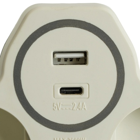 Разветвитель сетевой 2-местный с/з STEKKER ADP16-15-20, 250V, 16A и USB+Type C на 2.4А, белый/серый - фото