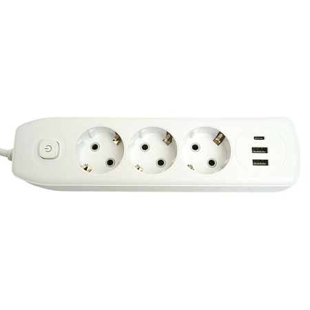 Удлинитель 3-местный c/з 3x1 мм2, 3 м, 250В, 10А, 2USB+1Type-C 2,4А, серия Home plus, белый STEKKER HM08-33-02 - фото