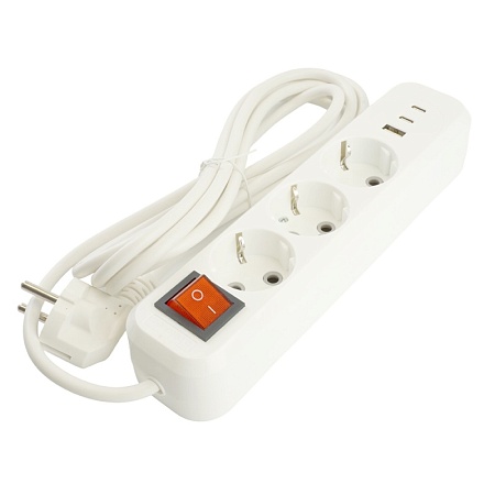 Удлинитель 3-местный с/з с выключ. STEKKER HM071-31-05 3x1мм2, 5м, 250В, 16А, 1USB+2C, 2.4A, сер Home, белый - фото