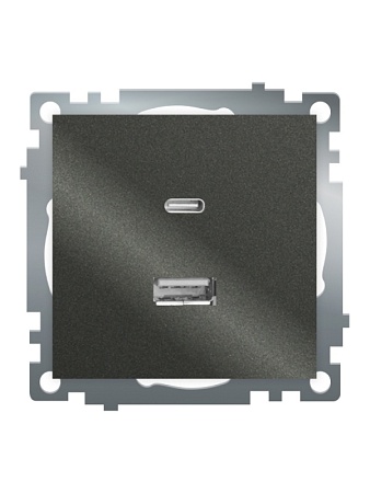 Розетка 2-местная USB + type C (механизм), 250В, 3А, max 20W, серия Катрин, графит, GLS10-7116-06 - фото