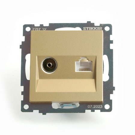 Розетка TV + компьютерная RJ-45 (механизм), STEKKER, GLS00-7106-08, серия Катрин, золото - фото