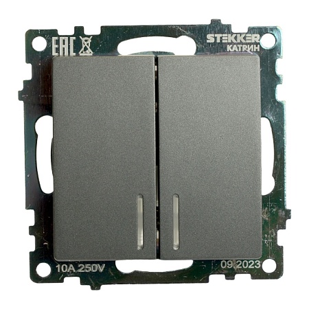 Выключатель 2-клавишный c индикатором (механизм) 250В, 10А, серия Катрин, графит, GLS10-7102-06 - фото