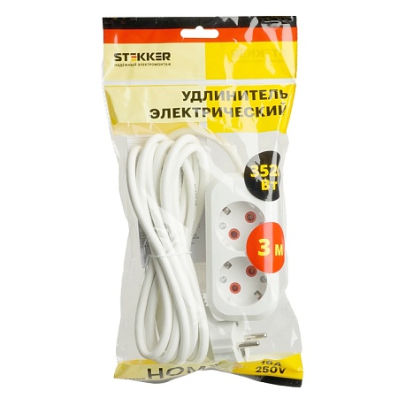 Удлинитель двухместный с/з  STEKKER HM06-21-03 3x1мм2, 3м, серия Home (У10-001), белый - фото