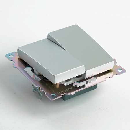 Переключатель 2-клавишный (механизм), STEKKER GLS10-7107-03, 250V, 10А, серия Катрин, серебро - фото