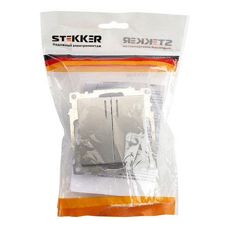 Выключатель 2-клавишный c индикатором (механизм), STEKKER GLS10-7102-03, 250В, 10А, серия Катрин, серебро - фото