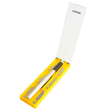 Нож макетный с алюминиевой рукояткой, 0,5 мм, кейс, 6 лезвий в комплекте, STEKKER KMU-41-S - фото