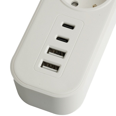 Сетевой фильтр 3-местный с/з STEKKER 3x1мм2, 5 м, 250В, 16А, 2 USB-A+2 Type-C 3, серия Nova, белый - фото