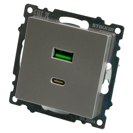 Розетка 2-местная USB + type C (механизм)), STEKKER GLS10-7116-03 , 250B, 3А, max 20W, серия Катрин, серебро - фото