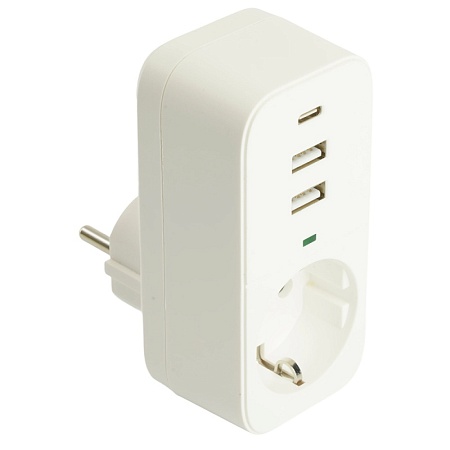 Сетевой фильтр 1-местный с/з STEKKER 250В, 16А,  2USB+1Type-C 2,4 A, серия Nova, HM81-11-1, белый - фото