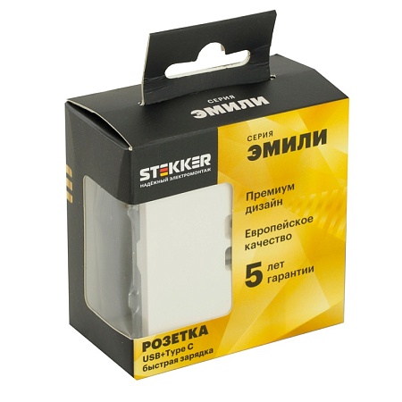 Розетка 2-местная USB + Type C (механизм), STEKKER, 250В, 20W, серия Эмили, RST10-5115-01, белый фарфор, soft touch - фото