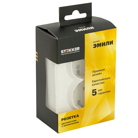 Розетка 2-местная с защитной шторкой, STEKKER, с/з, 250В, 16А, серия Эмили, RST16-5114-01, белый фарфор, soft touch - фото