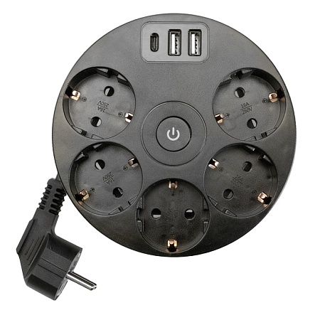 HM10-51-01 Удлинитель 5-местный с/з, 3x1мм2, 2.5м, 250В, 16А, 2USB+С 5V 3,1А, серия Comfort, черный - фото