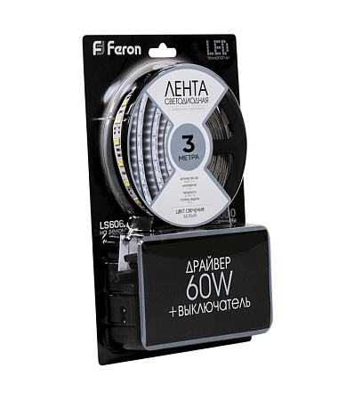 Светодиодная LED лента Feron LS606, 60SMD(5050)/m 14.4W/m 12V 3m 6500К с адаптером с вилкой в комплекте - фото