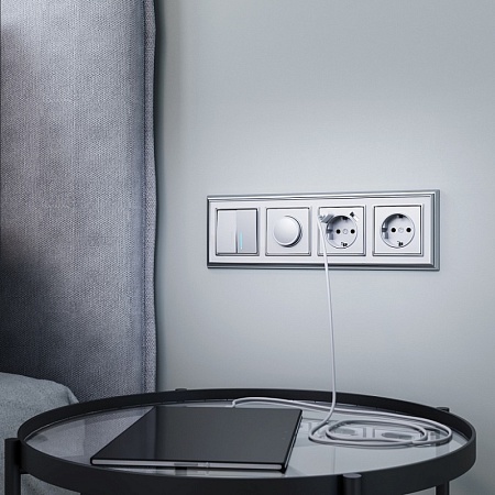 Выключатель двухклавишный с подсветкой серебряный WL06-SW-2G-LED - фото