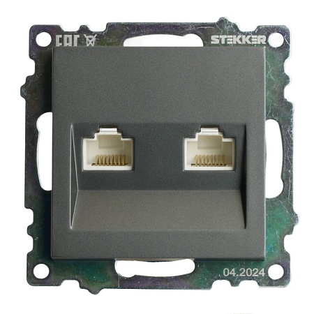 Розетка компьютерная 2-местная RJ-45 (механизм) STEKKER GLS00-7109-06 , серия Катрин, графит - фото