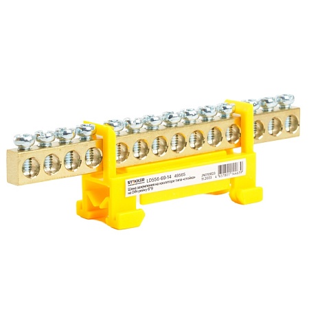 Шина "PE" на изоляторе STEKKER 6*9 тип "стойка" на DIN-рейку 14 выводов, желтый, LD556-69-14 - фото