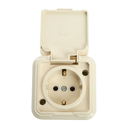 Розетка 1-местная с/з, с крышкой, STEKKER, PST16-21-44 (RA 16-211-БЖ), пластик АВС, 250В, 16А, IP44, слоновая кость (RA 16-211-С) - фото