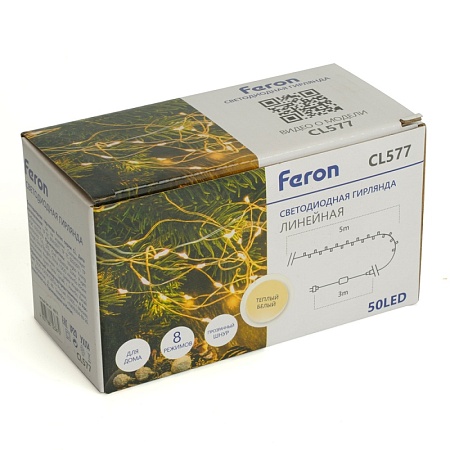 Светодиодная гирлянда Feron CL577 линейная Роса (на плоском проводе) 220V 2700К c питанием от сети - фото