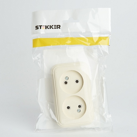 Розетка 2-местная б/з STEKKER, PST16-30-20 (RA 16-237-БЖ), пластик АВС, 250В, 16А, IP20, слоновая кость - фото