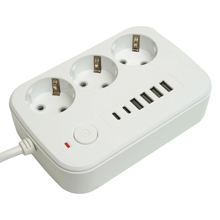 Удлинитель 3-местный c/з 3x1 мм2, 3 м, 250В, 10А, 4USB+2Type-C 2,4А, серия Home plus, белый STEKKER HM09-36-02 - фото
