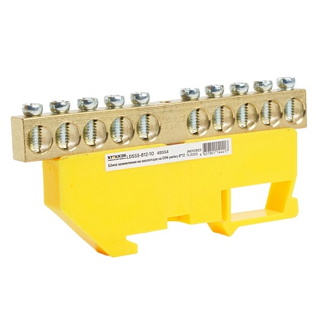 Шина "PE" STEKKER на изоляторе 8*12 на DIN-рейку 10 выводов, желтый, LD555-812-10 - фото