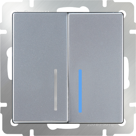Выключатель двухклавишный проходной с подсветкой серебряный WL06-SW-2G-2W-LED - фото