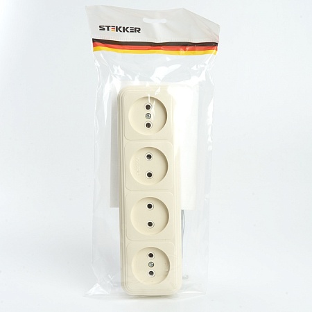 Розетка 4-местная б/з STEKKER, PST16-60-20 (RA 16-464-БЖ), пластик АВС, 250В, 16А, IP20, слоновая кость - фото