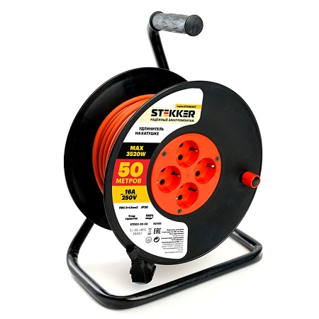 Удлинитель на катушке Stekker STD03-20-50 Standart 4-местный с/з ПВС 3*1,5, оранжевый, 16А, IP20,50м (29406) - фото
