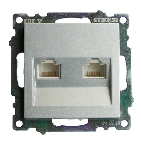 Розетка компьютерная 2-местная RJ-45 (механизм) STEKKER GLS00-7109-03 , серия Катрин, серебро - фото