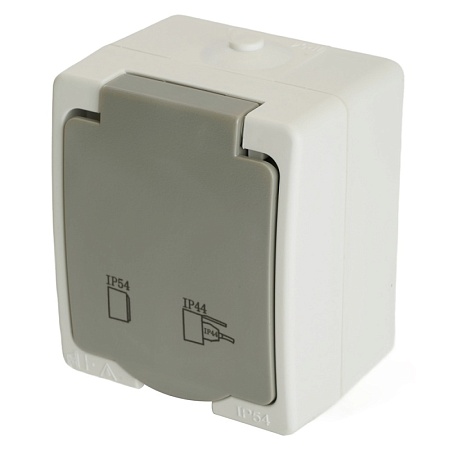 Розетка 1-местная с крышкой с/з STEKKER, PST26-11-54, пластик АВS, 250В, 16А, IP54, белый/серый - фото
