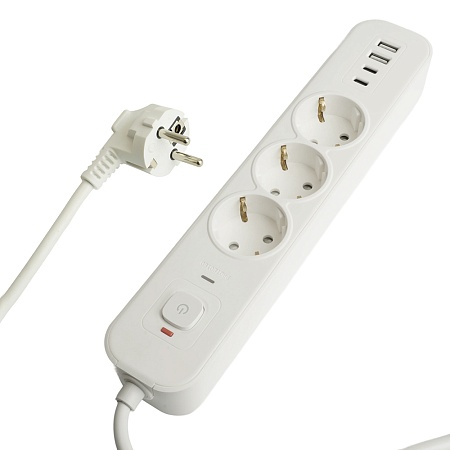 Сетевой фильтр 3-местный с/з STEKKER 3x1мм2, 1,8 м, 250В, 16А, 2 USB-A+2 Type-C, серия Nova, белый - фото