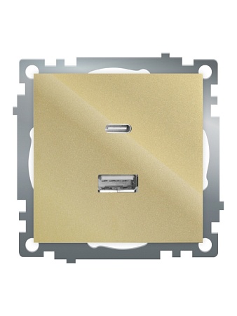 Розетка 2-местная USB + type C (механизм), 250В, 3А, max 20W, STEKKER, GLS10-7116-08, серия Катрин, золото - фото