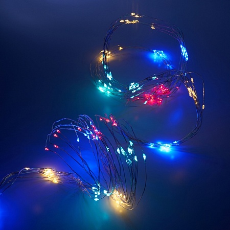 Светодиодная гирлянда Feron CL53  2м + 1м мультиколор,статичная, с питанием от батареек, прозрачный шнур - фото