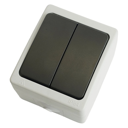 Выключатель 2-клавишный, STEKKER, PSW10-121-54, открытой установки, 250В, 10А, IP54, серый/графит - фото